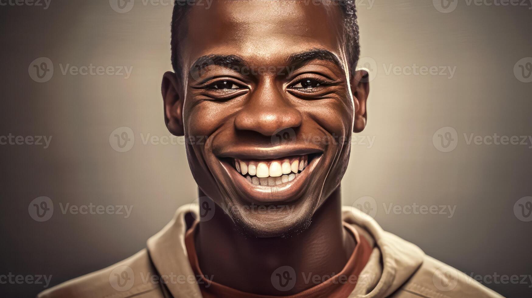 a young African man beams with a smile against a warm brown background. photo