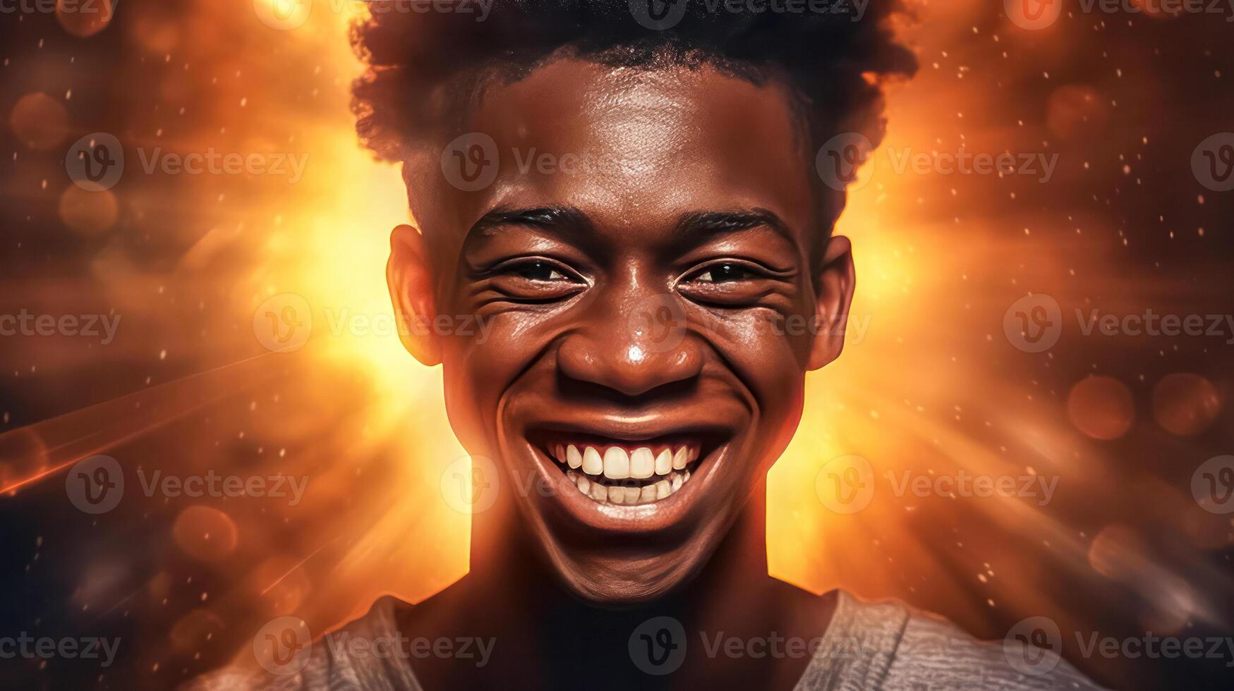 a young African man beams with a smile against a warm brown background. photo