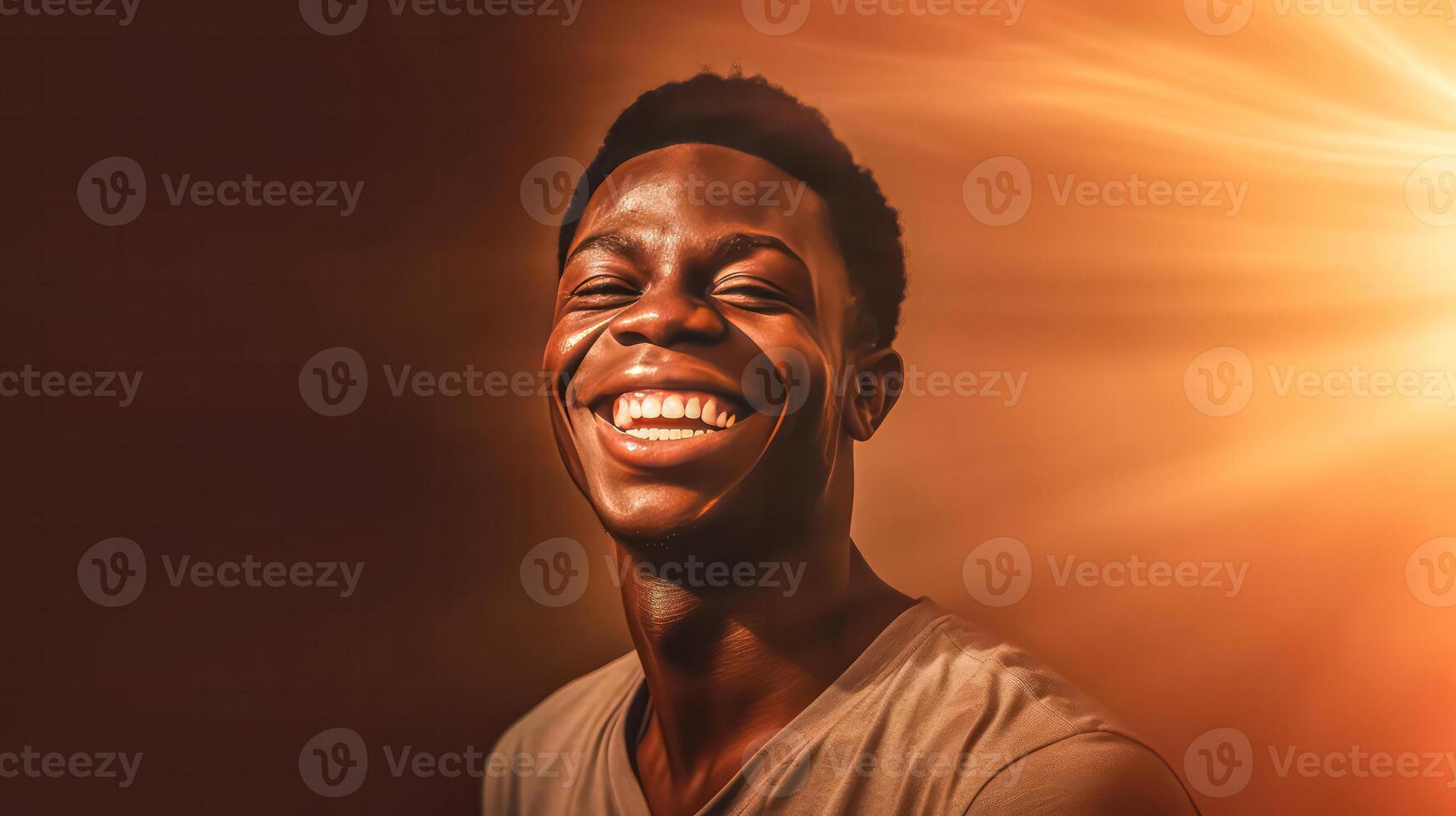 a young African man beams with a smile against a warm brown background. photo