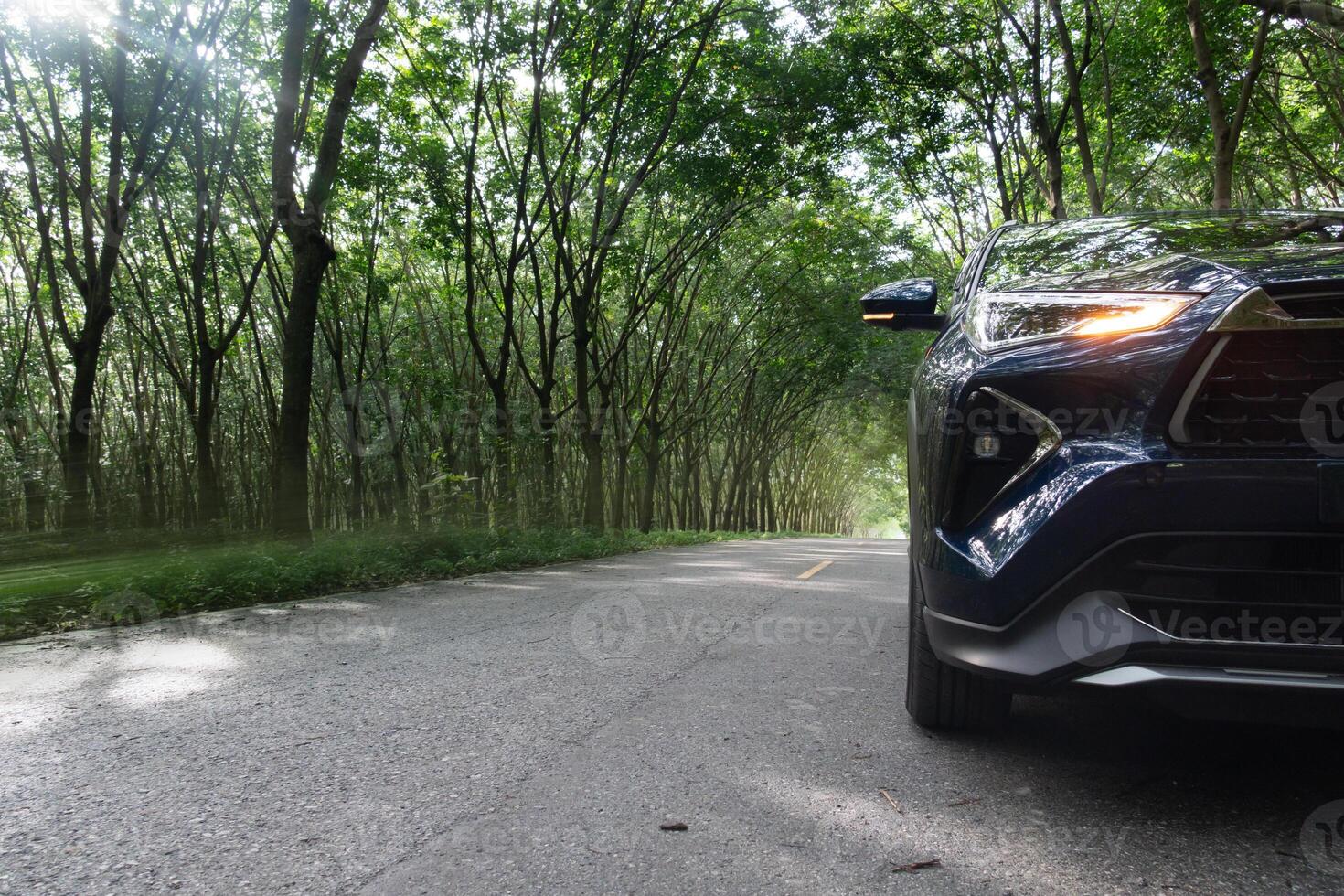 Car driving on a winding road surrounded by trees. Asphalt road is narrow and there are no other cars visible. Turn on headlights to indicate that it is dark or the driver is driving in a tree tunnel. photo