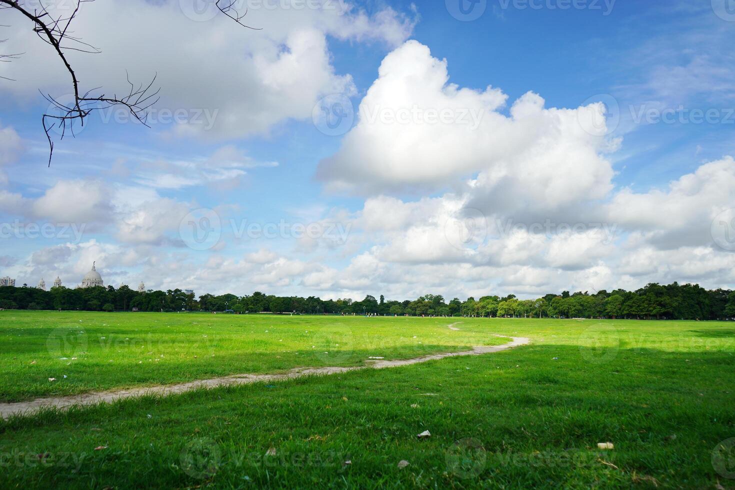 Beautiful green landscape and blue sky at Kolkata Maidan ground near Victoria Memorial Hall photo
