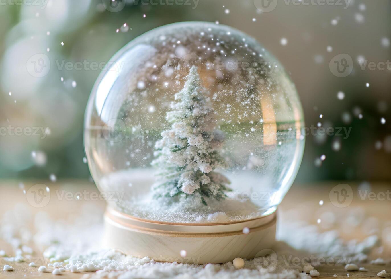 Close-up abstract shot of a snow globe being shaken, snow swirling inside photo