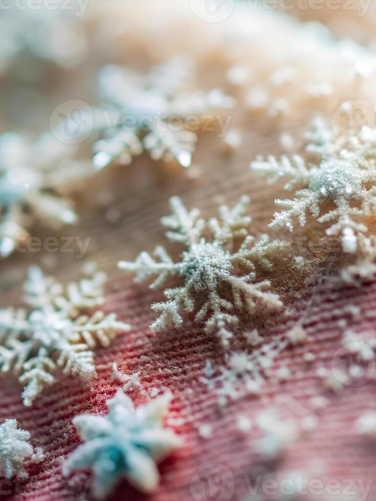 Extreme close-up of falling snowflakes on a red velvet surface photo