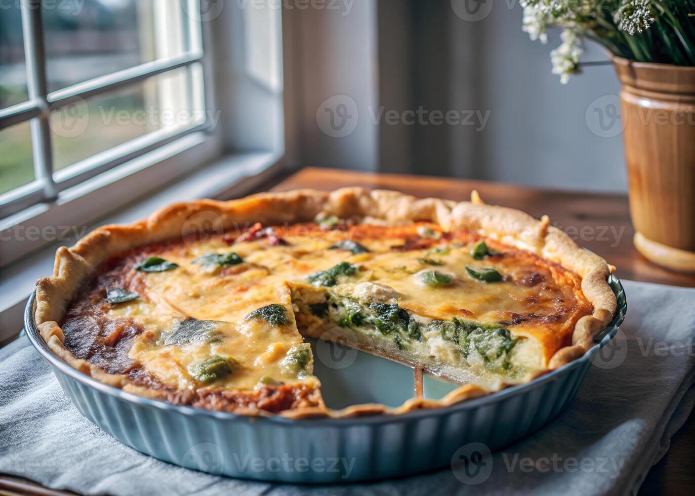 Side-shot of a slice of quiche being lifted from the whole, golden crust and creamy filling in focus, with natural light streaming through a window photo