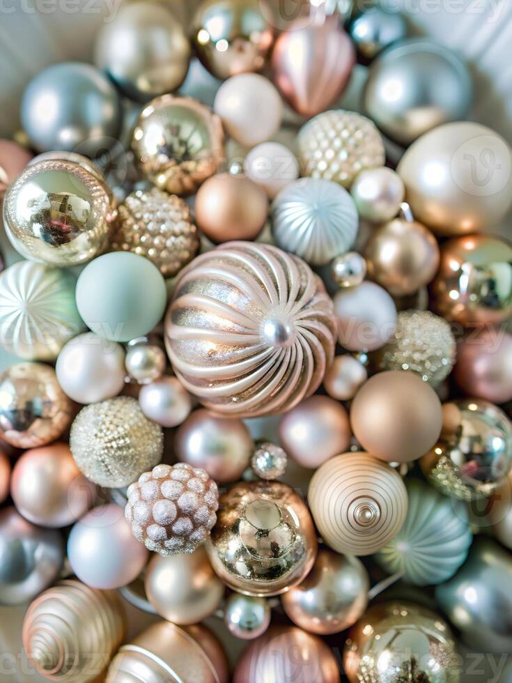 Top-down shot of Christmas ornaments in abstract shapes and colors, arranged in a spiral photo