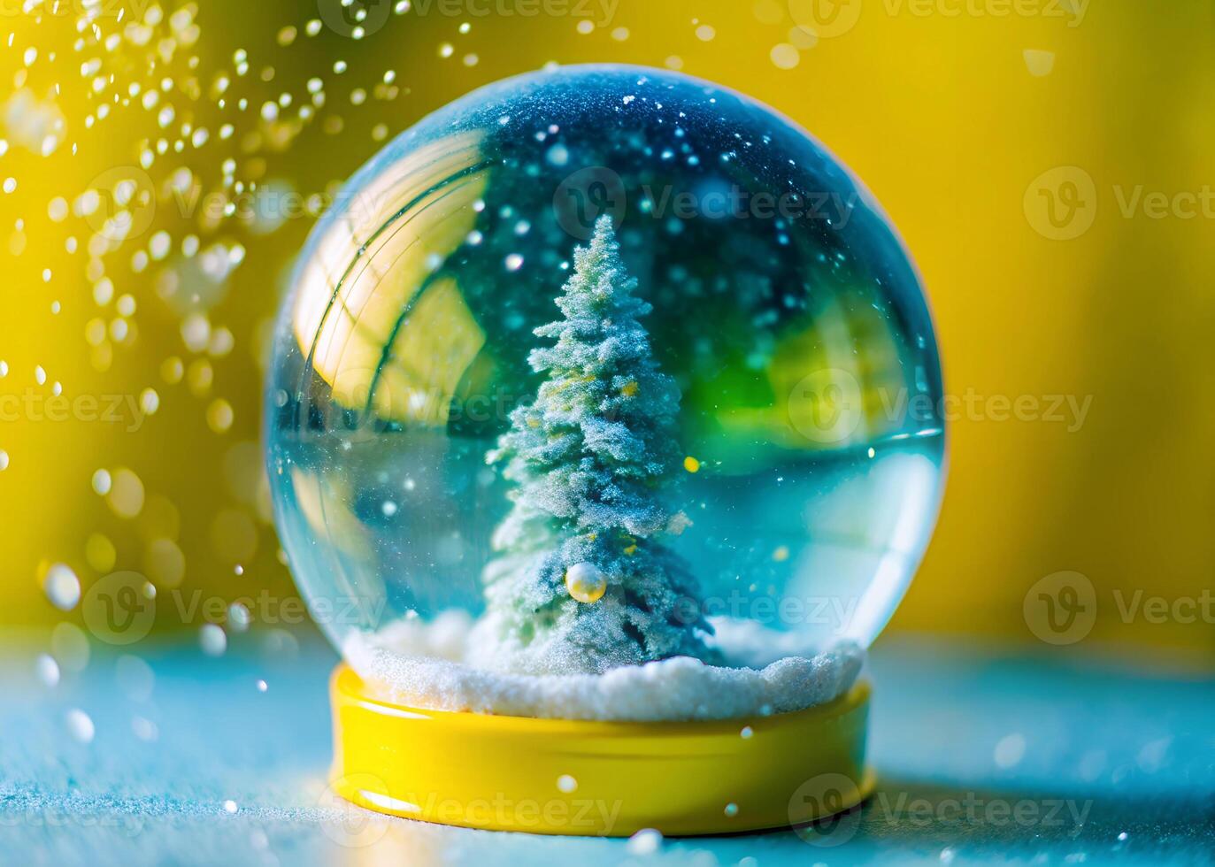 Close-up abstract shot of a snow globe being shaken, snow swirling inside photo