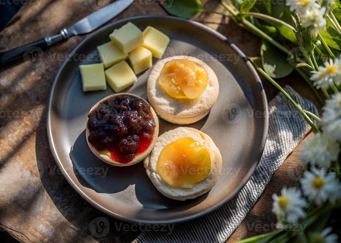 Top view of golden English muffins on a plate, one with butter melting, and the other spread with colorful jam. Soft morning light for a comforting breakfast scene photo