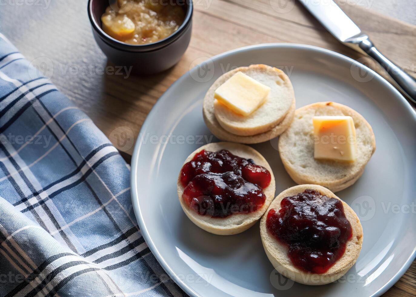 Top view of golden English muffins on a plate, one with butter melting, and the other spread with colorful jam. Soft morning light for a comforting breakfast scene photo