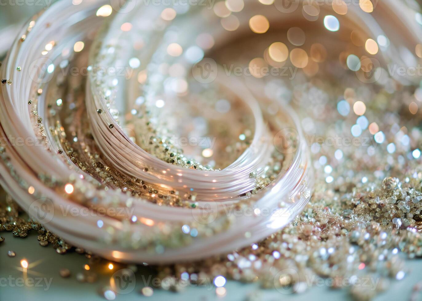 Macro shot of glitter and tinsel swirling in mid-air, caught by the light photo