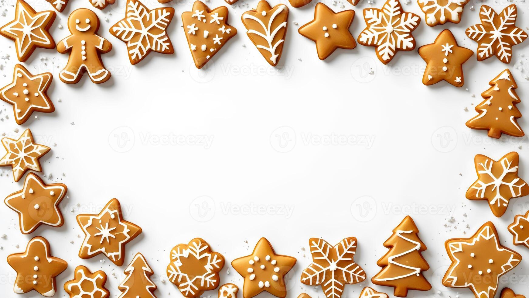Christmas gingerbread cookies border on white background photo