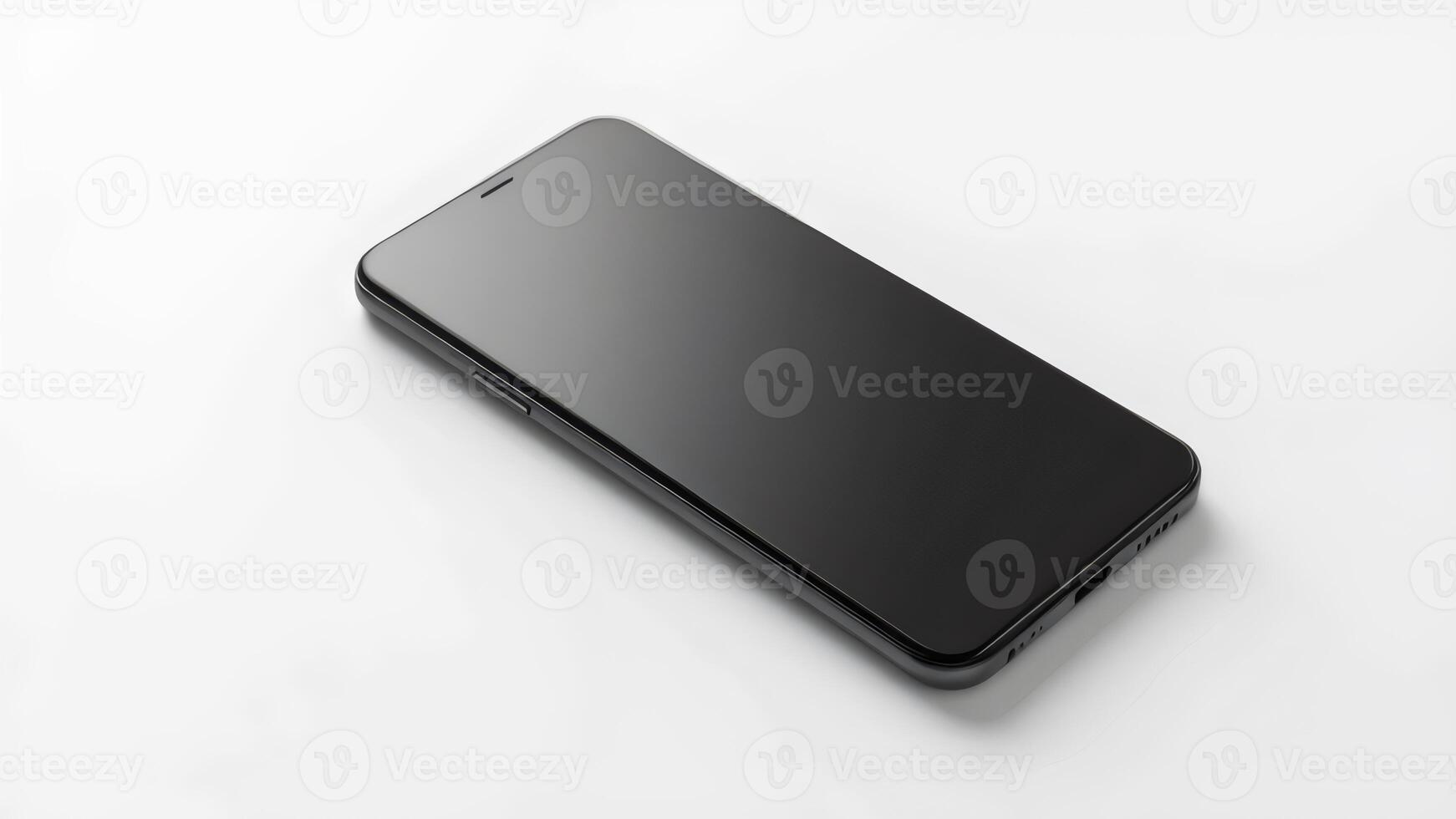 An iphone with a black screen on a white surface photo
