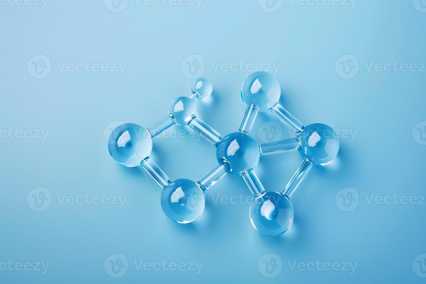 Transparent molecular structure with connected spheres isolated on a light blue background. Concepts of cosmetology, science and chemistry photo