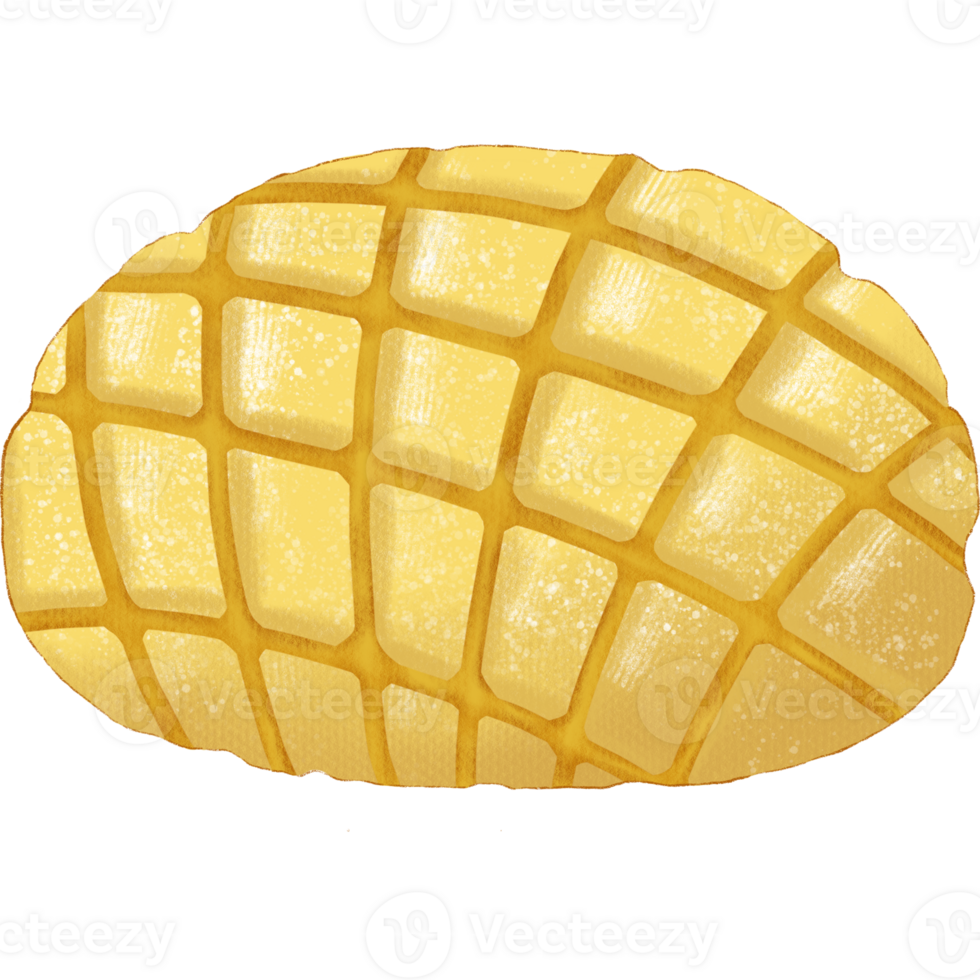 A close-up view of a vibrant yellow melon bread resting on a rustic wooden table in a cozy bakery setting png