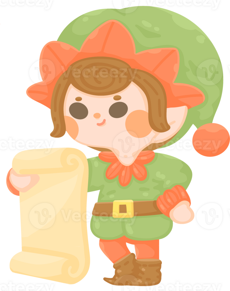 Cute elf boy holding paper checklist send chritsmas gift for kid. christmas character handdrawn illustration. png