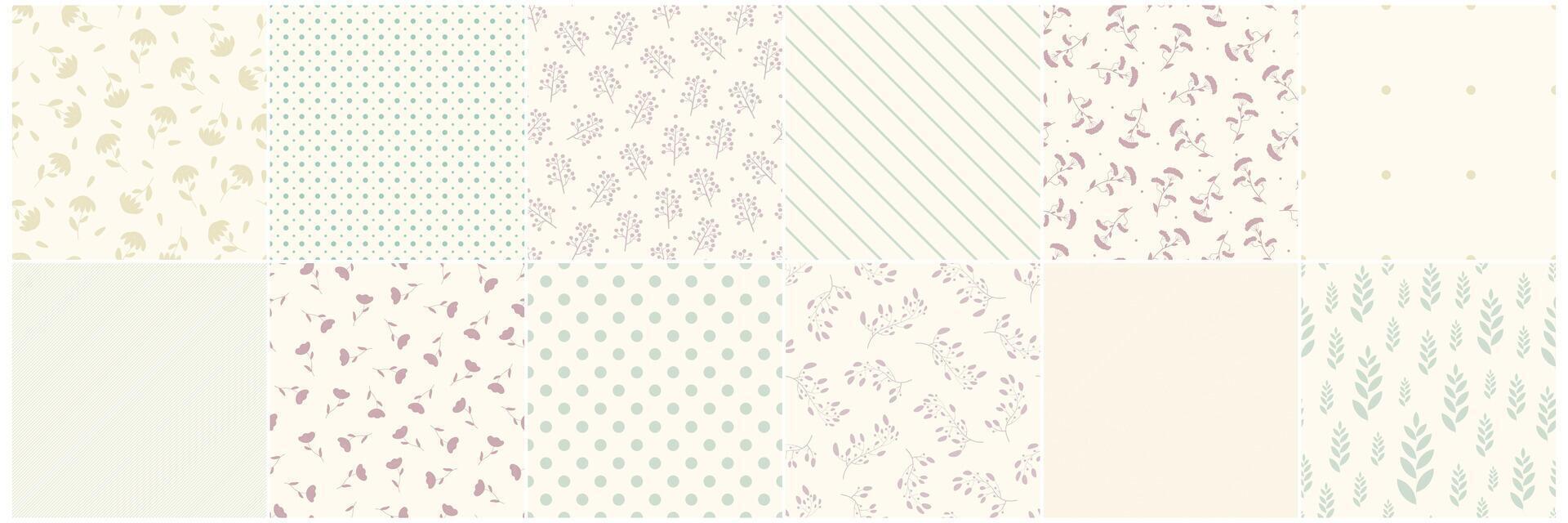 Collection of neutral seamless floral and geometric simple patterns - drawing design. Repeatable spring nature delicate backgrounds with flowers, dots and stripes. Textile endless prints. vector