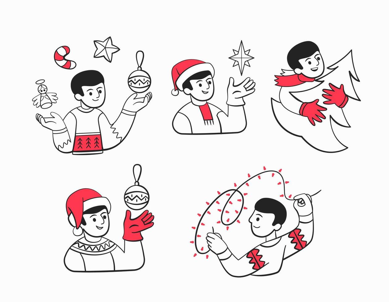 Set of icons of a guy preparing for Christmas, decorating a tree, hanging a garland, balls, etc. vector