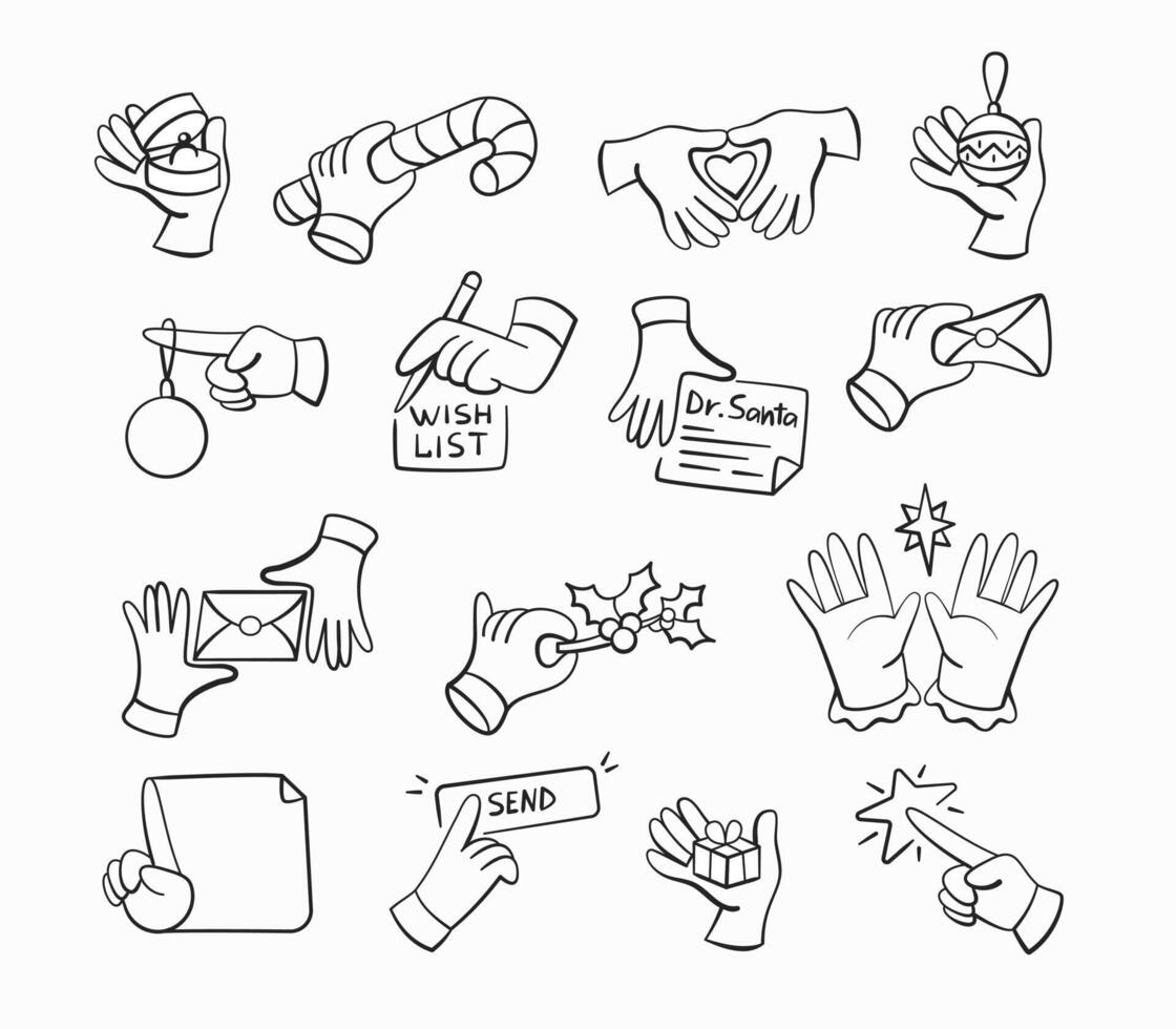 Set of Christmas hands icons, sending letter, giving gifts, decorating Christmas tree etc in line style. vector