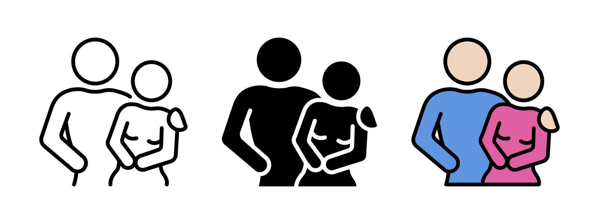 Couple icon. Lovers symbol. Wife and husband family illustration. Man and woman hugging sign. Male and female romance silhouette. Valentines day couple pictogram. Sex partner concept. vector