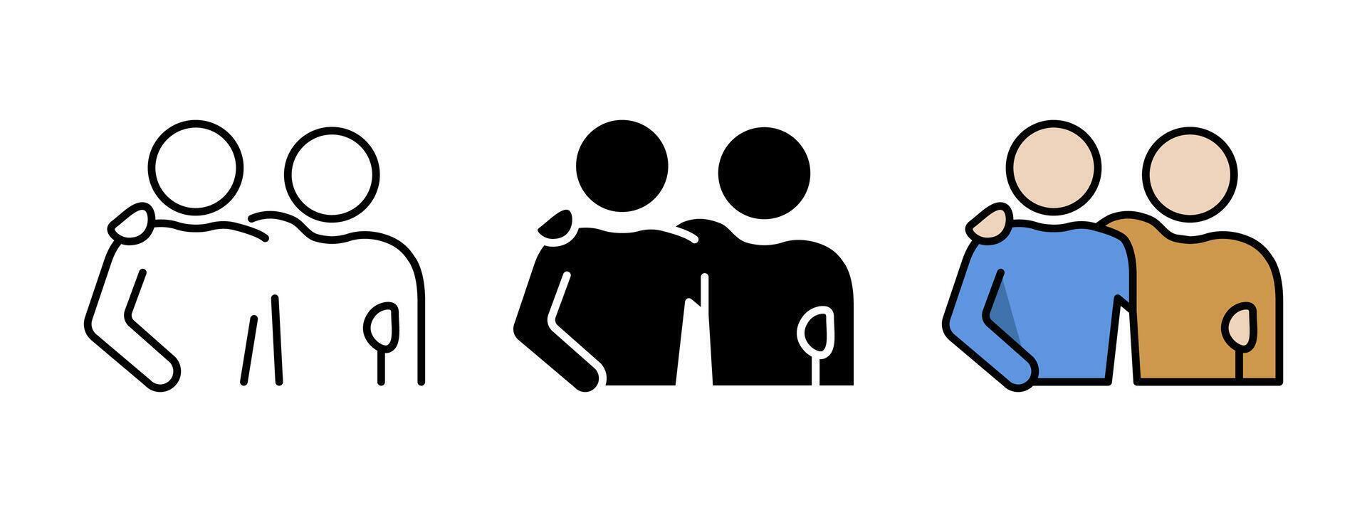 Two friends icon set. Friendship symbol. Buddy partnership sign. Homosexual relationships illustration. Gay couple pictogram. Fellowship and brotherhood concept. Two men hugging silhouette. vector