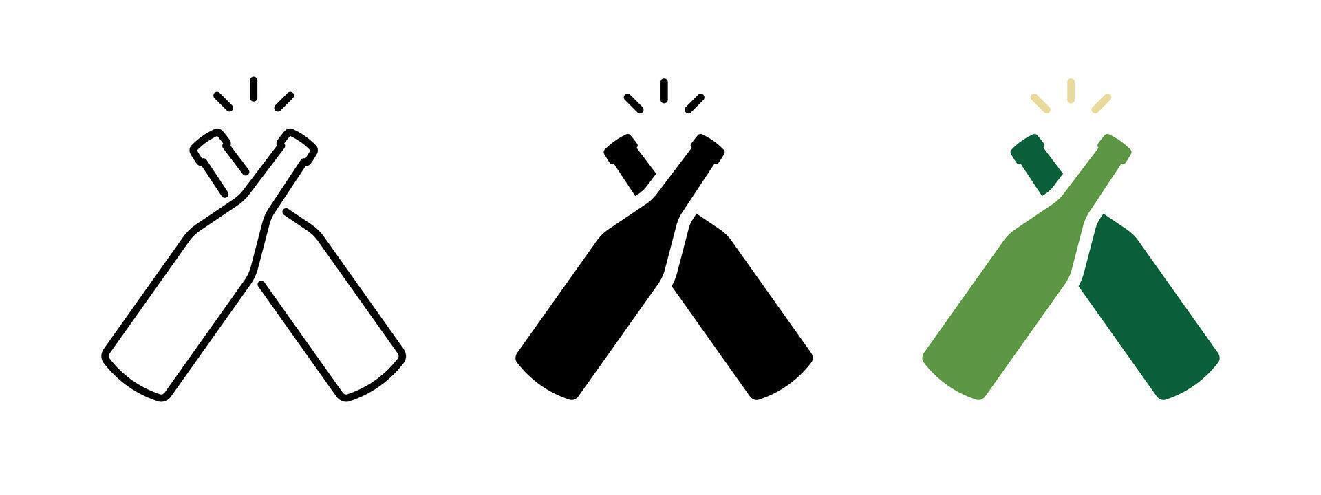 Beer cheers icon. Two beer bottles clink symbol. Alcohol drink bottle pop illustration. Celebration toast sign. Bar, pub or brewery logo. Ringing beer bottles pictogram. Lager pint concept. vector