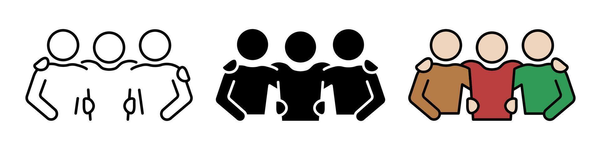 Three friends icon set. Friendship symbol. 3 friends hugging illustration. Mens friendship sign. Teamwork pictogram. Fellowship and brotherhood concept. Company silhouette. Shoulder crutch icon vector