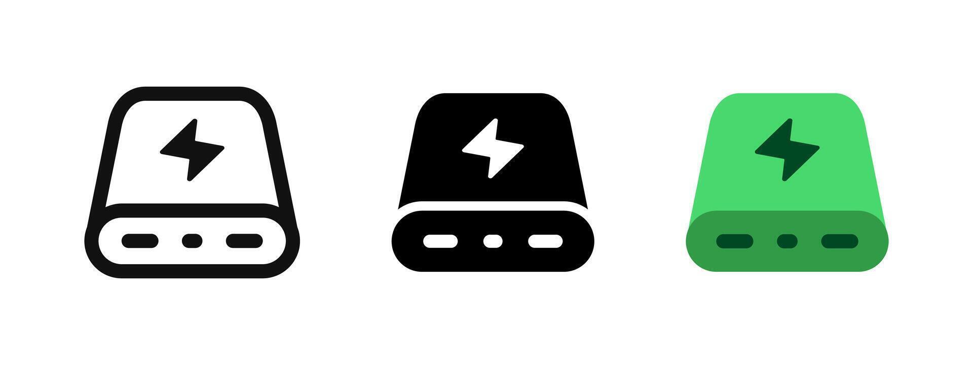 Battery charger icon. Portable power bank illustration. Electronic device charging symbol. Green battery accumulator sign. Phone charging power bank pictogram in three different styles vector