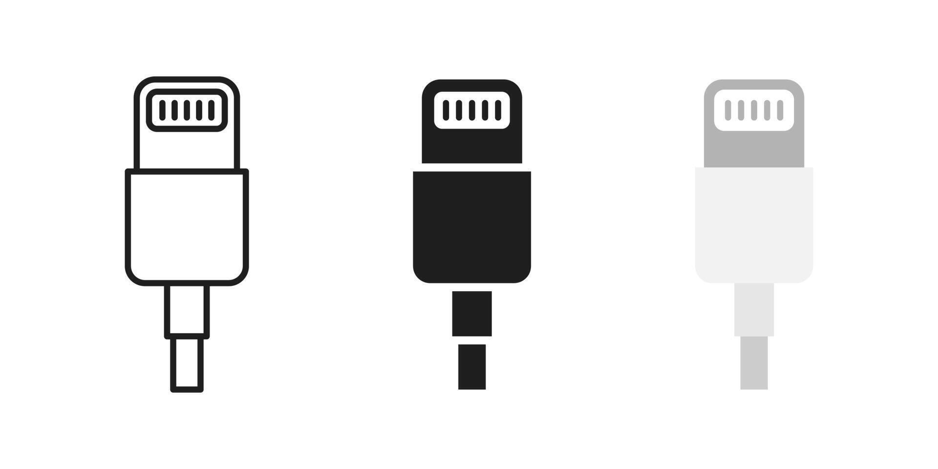Lightning cable icon. Mobile phone charging cable symbol. Lightning wire plug illustration. White charging port adapter sign. Device charger pictogram. vector