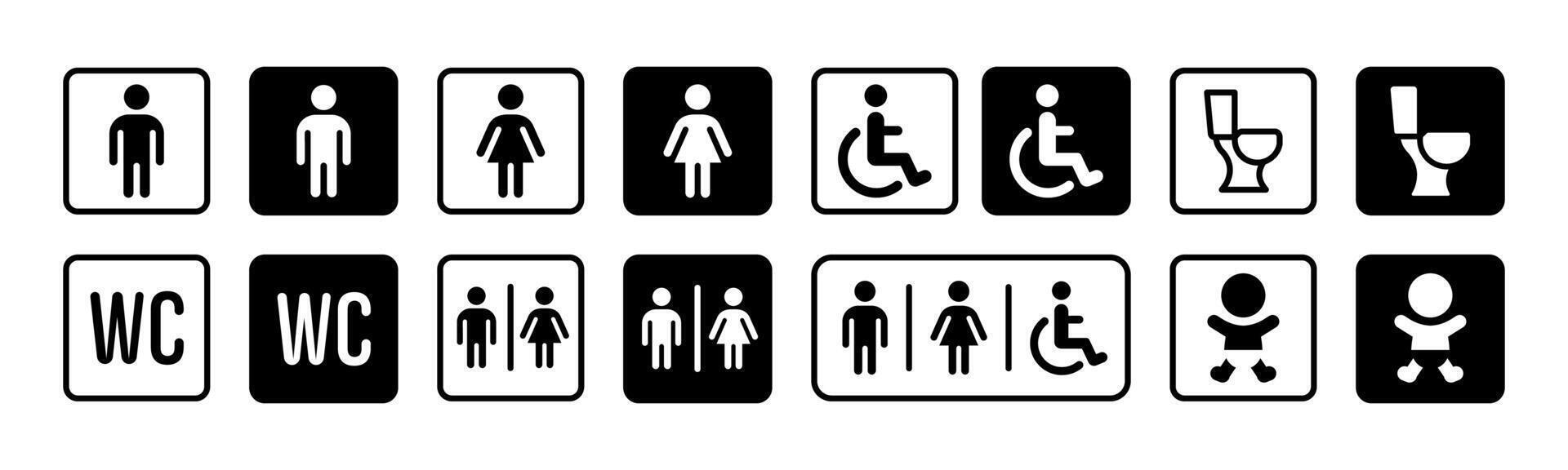 WC sign icon set. Restroom sign collection. Man and woman unisex public toilet illustration. Handicapped lavatory symbol. Male, female and disabled person silhouette. Baby WC pictogram vector