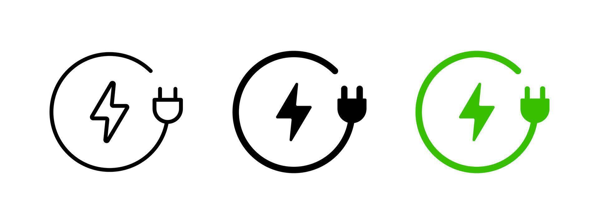 Car charging point icon. Electric plug symbol. Electricity sign. Green energy illustration. Wire with plug and lightning bolt pictogram. Phone charge technology concept. vector