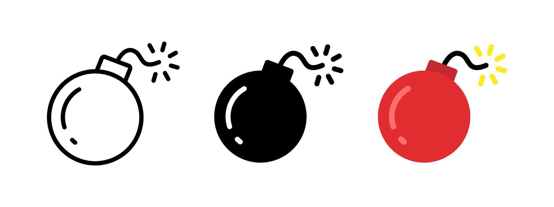 Bomb icon. Boom symbol. Explosion sign. Bomb detonation illustration. Explosive red bomb ball cartoon pictogram. Attack and destruction concept. Flat game bomb fuse silhouette. vector