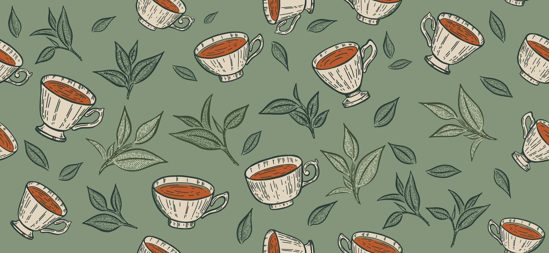 Cup of tea and Green leaves pattern on green, hand drawn illustrations vector