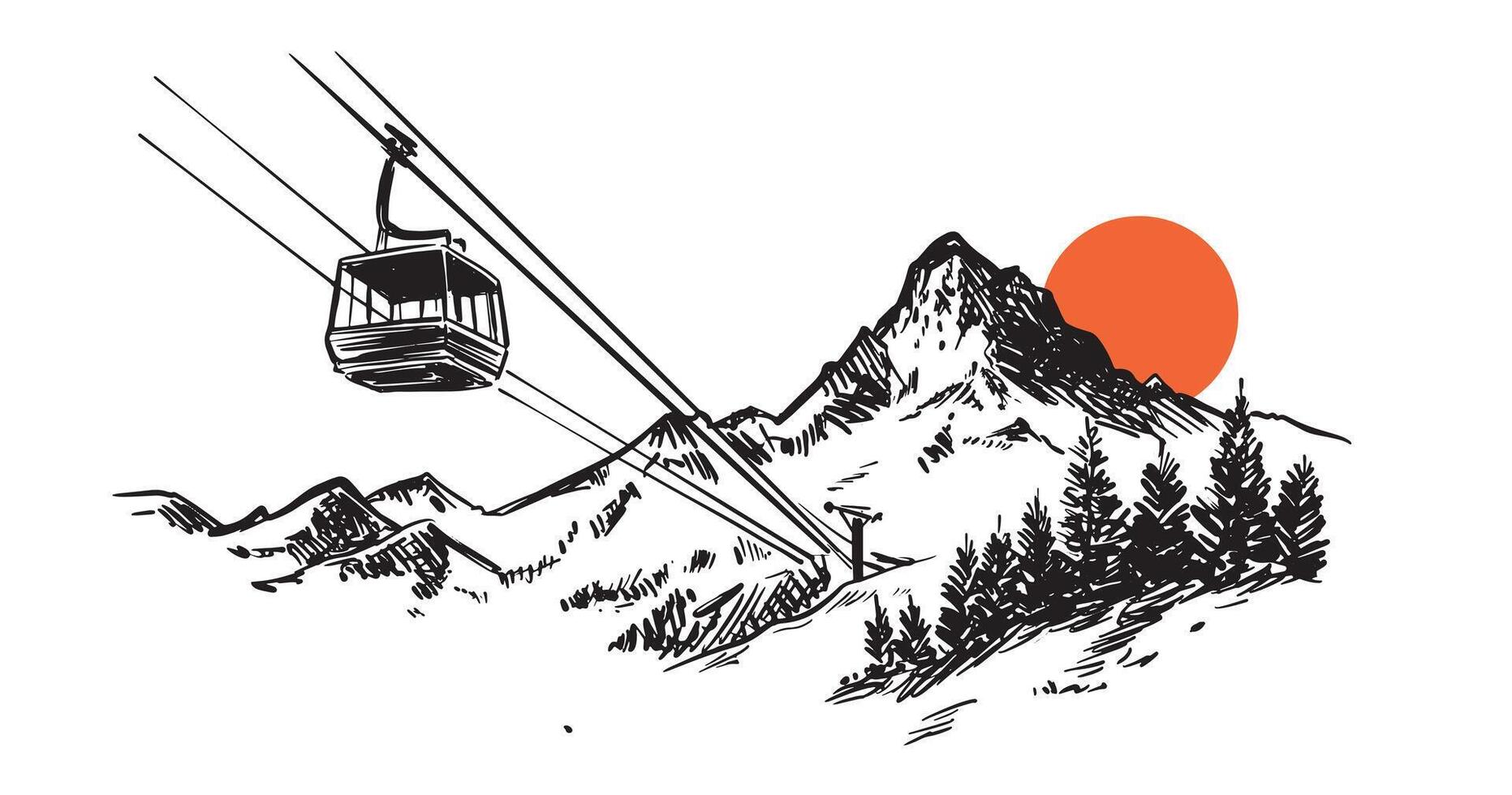 Ski lift in the mountains, hand drawn. vector