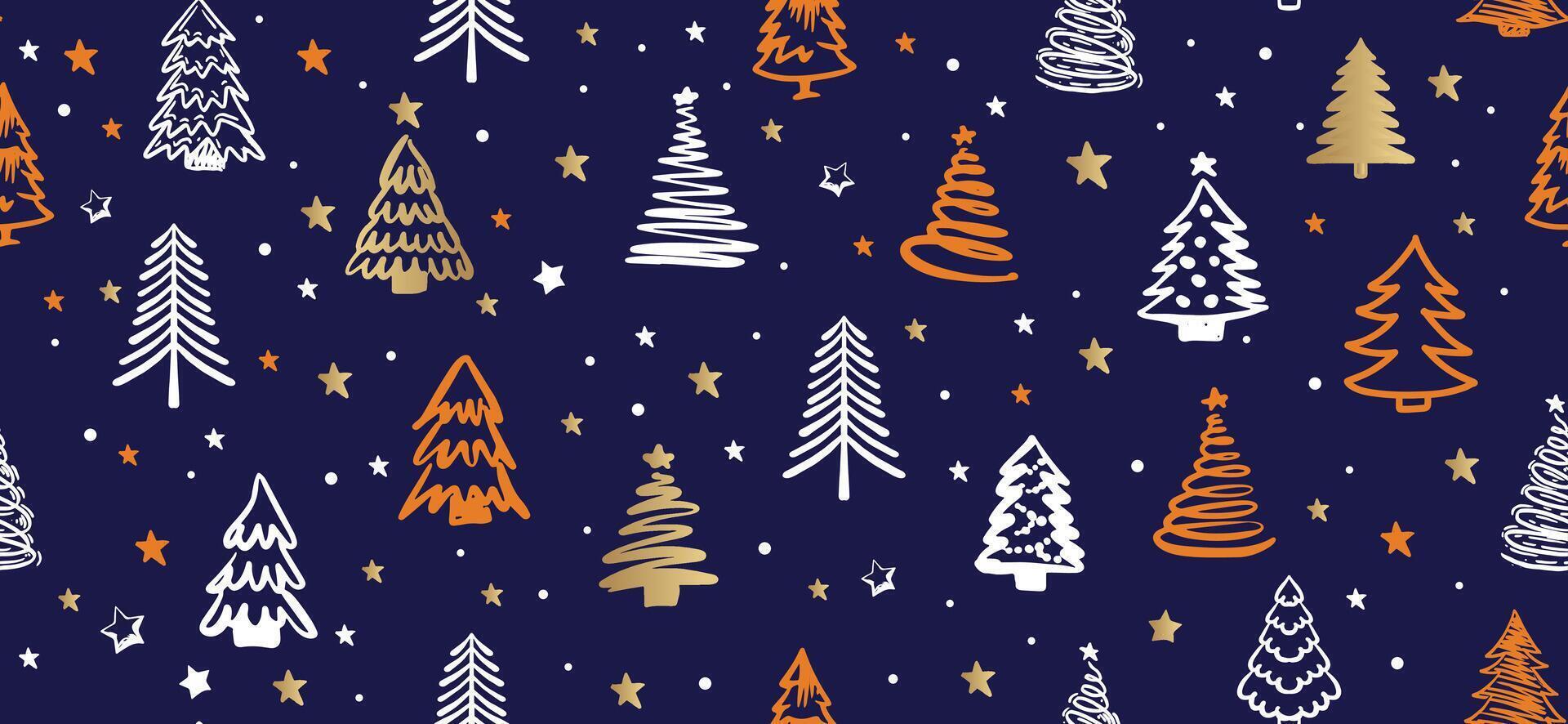 Christmas orange and white tree, pattern on blue background, Hand drawn illustrations. vector