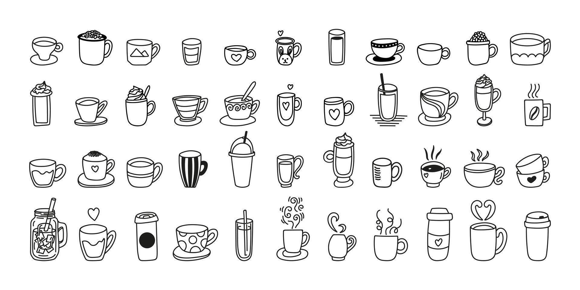 Hand drawn collection tea mug, coffee cups with steam, whipped cream. Glass and ceramic utensils doodle set vector