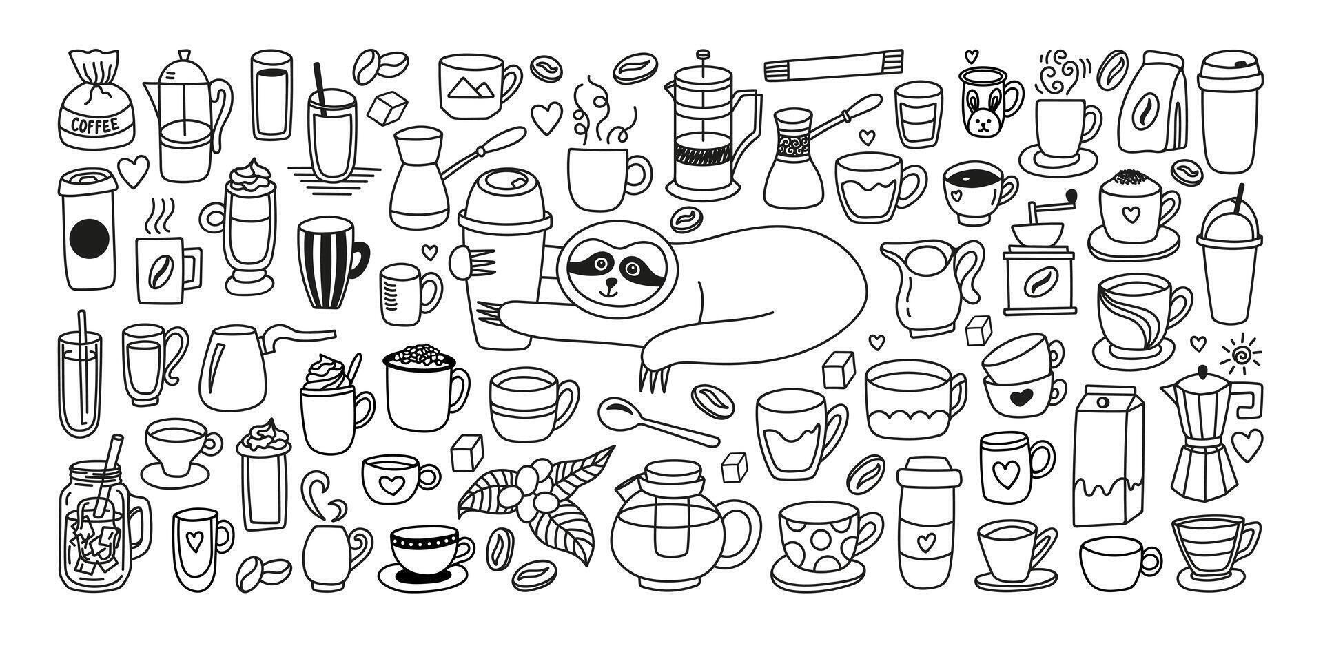 Hand drawn tea, coffee doodle set with milk, cups, kettle, coffee maker, turk, utensils and sloth vector