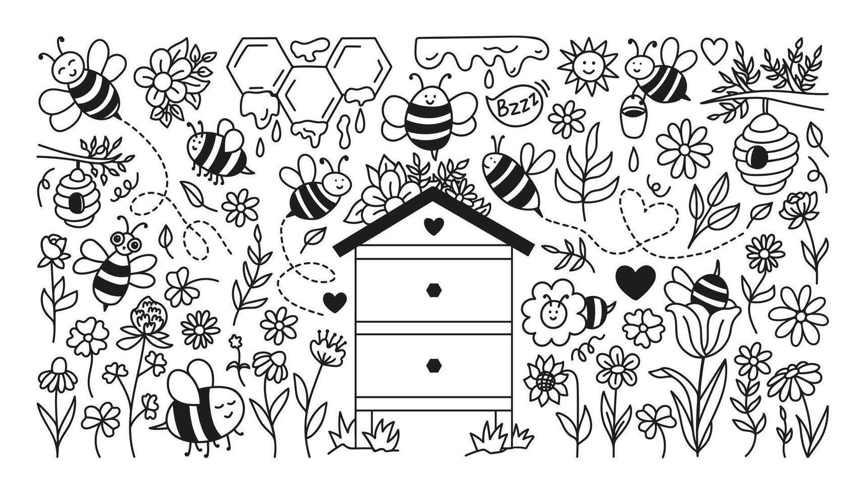 Hand drawn flight bee doodle set with hive, honeycombs, liquid melt honey and flowers field. vector