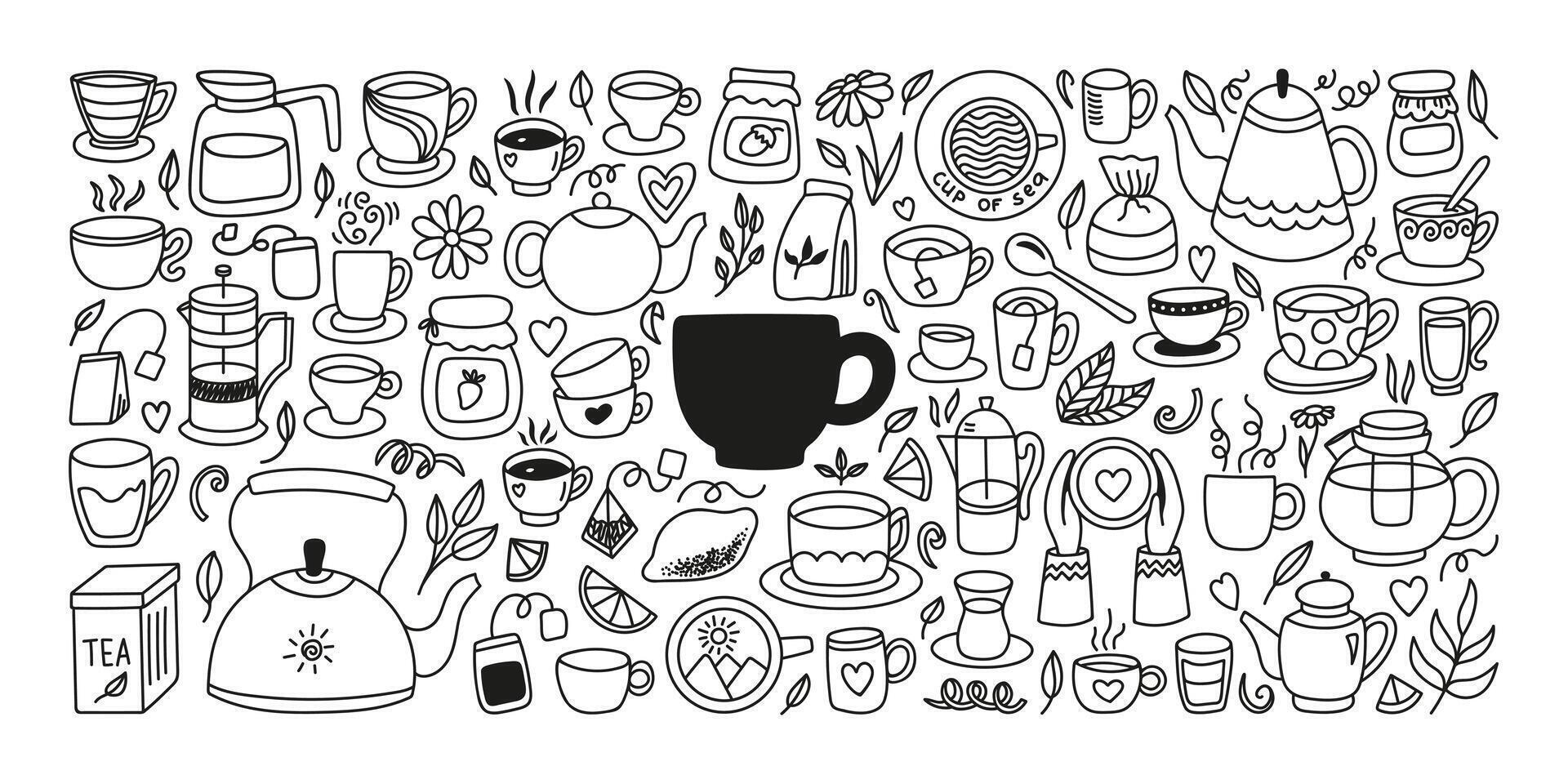 Hand drawn collection tea cups with herb and lemon, kettle, jam. Glass and ceramic utensils doodle vector
