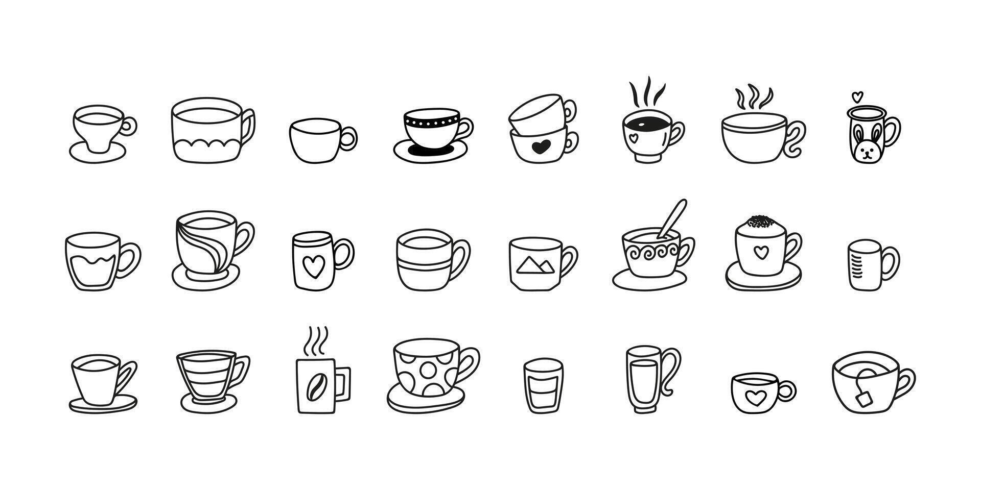 Hand drawn collection tea mug, coffee cups with steam, whipped cream. Glass and ceramic utensils doodle set vector