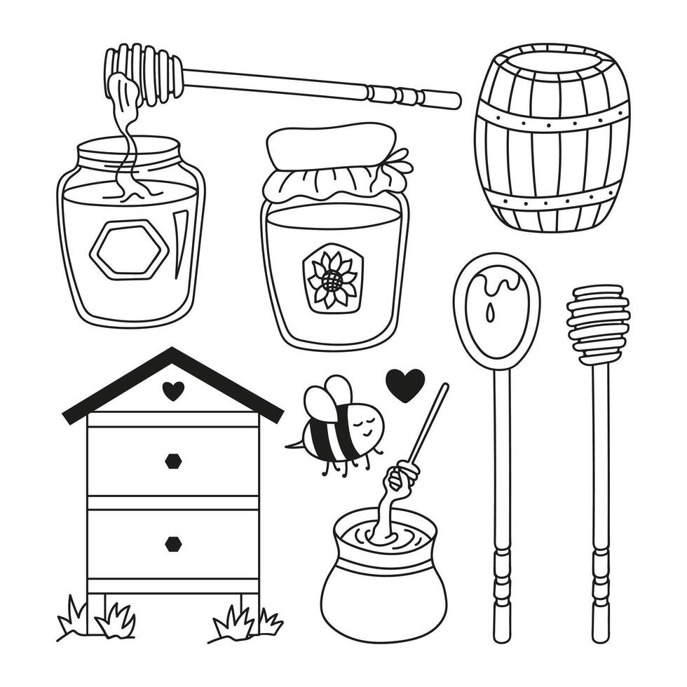 Hand drawn flight bee with hive, wooden spoon, honey jar and barrel. Doodle collection of beekeeping vector