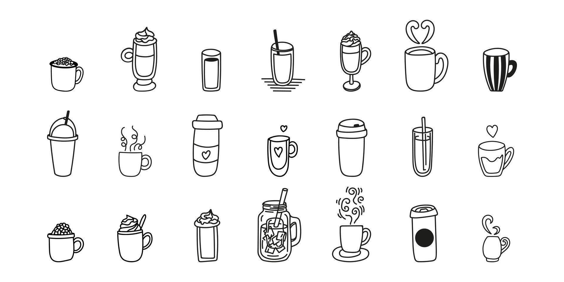 Hand drawn collection tea mug, coffee cups with steam, whipped cream. Glass and ceramic utensils doodle set vector