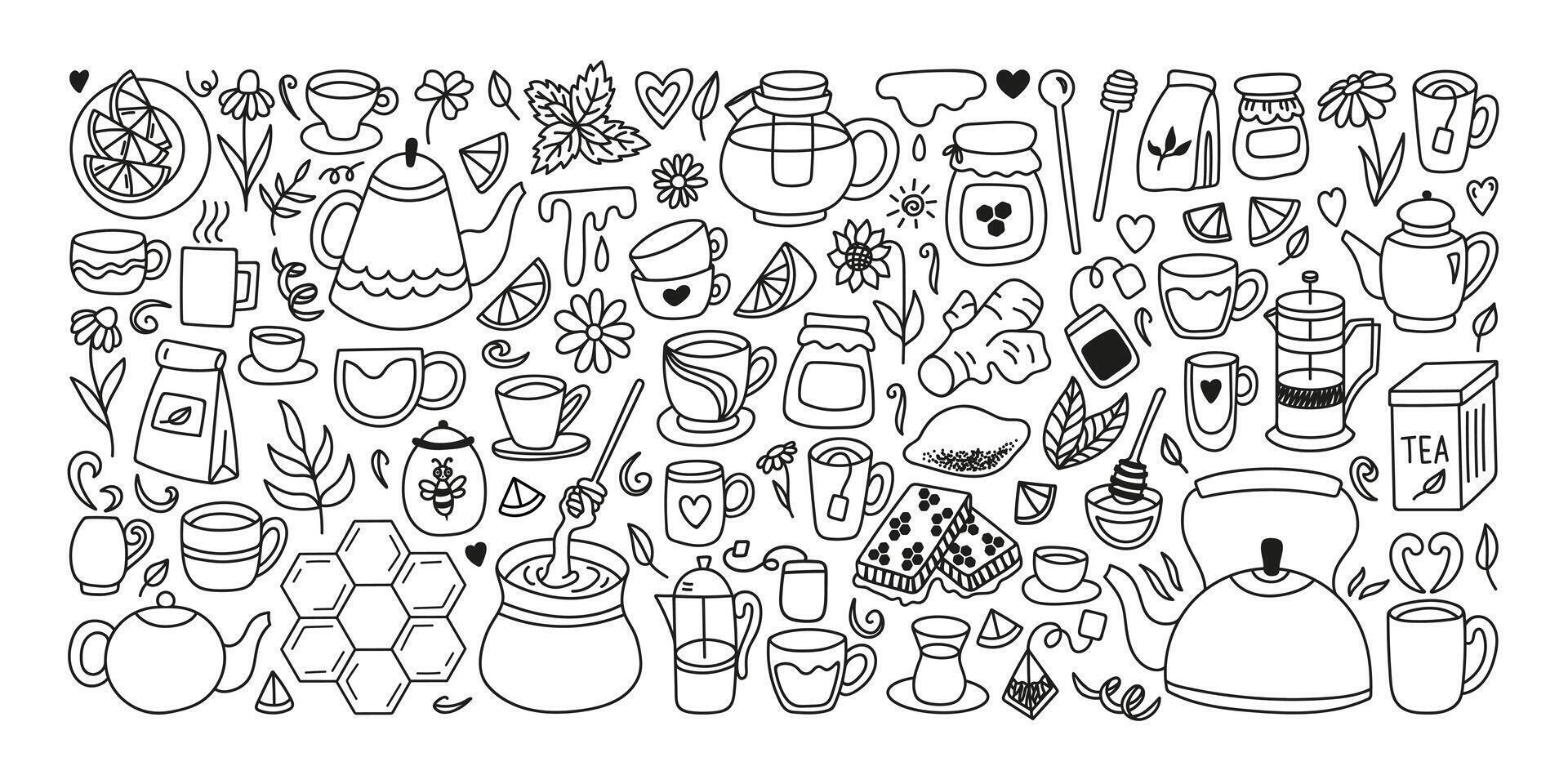 Hand drawn tea with honey doodle set with hive, honeycombs, barrel, lemon slices, cups, kettle, flowers, glass jar. vector