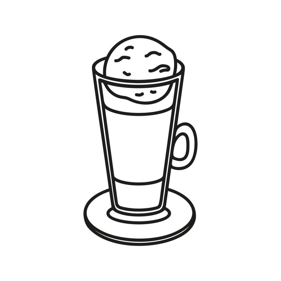 Coffee glace with ice cream on glass cup. Espresso, steamed cream and foam. Hand drawn doodle. vector