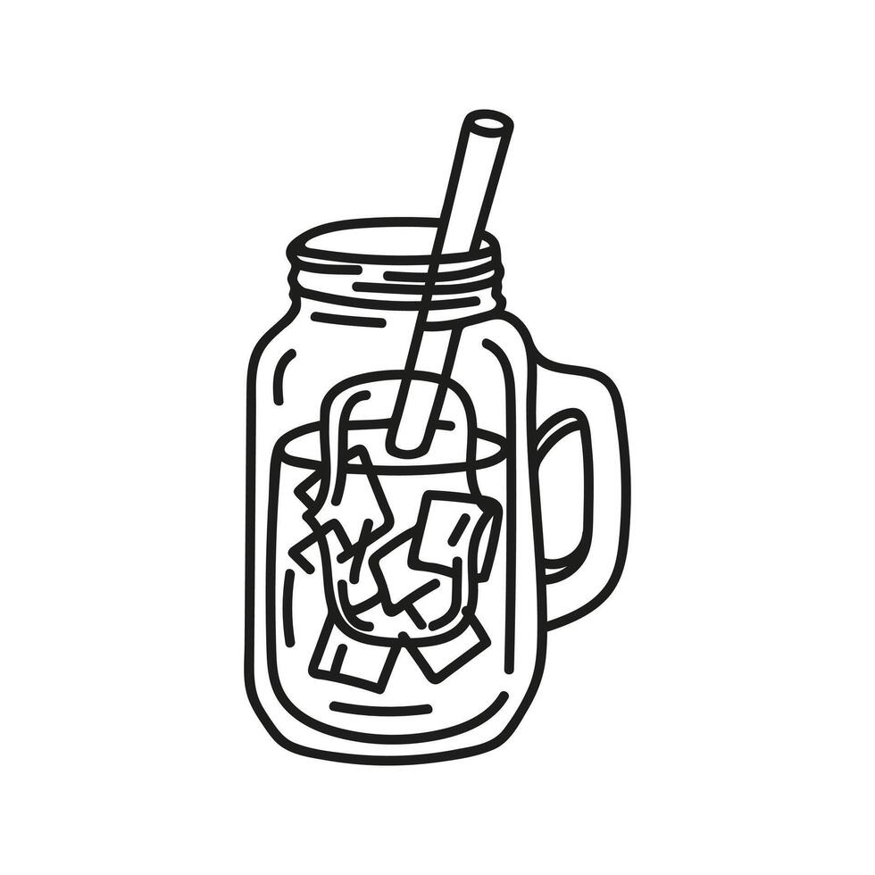 Coffee cup ice latte on glass with plastic drinking straw. Espresso, ice, milk. Hand drawn doodle. vector