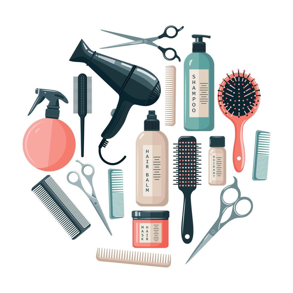 Hairdresser tools. Hair care, professional tools for hair cutting and styling. illustration in the form of a circle on a white background. vector