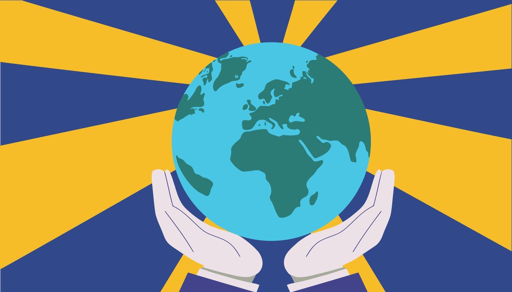 A painting of a world with hands holding a globe vector