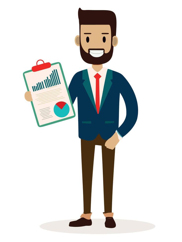 The A handsome guy wearing blue jacket holding his clipboard with paper where he wrote his vector