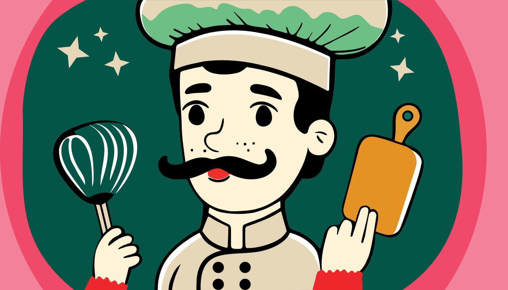 A cartoon chef is holding a whisk and a wooden board vector