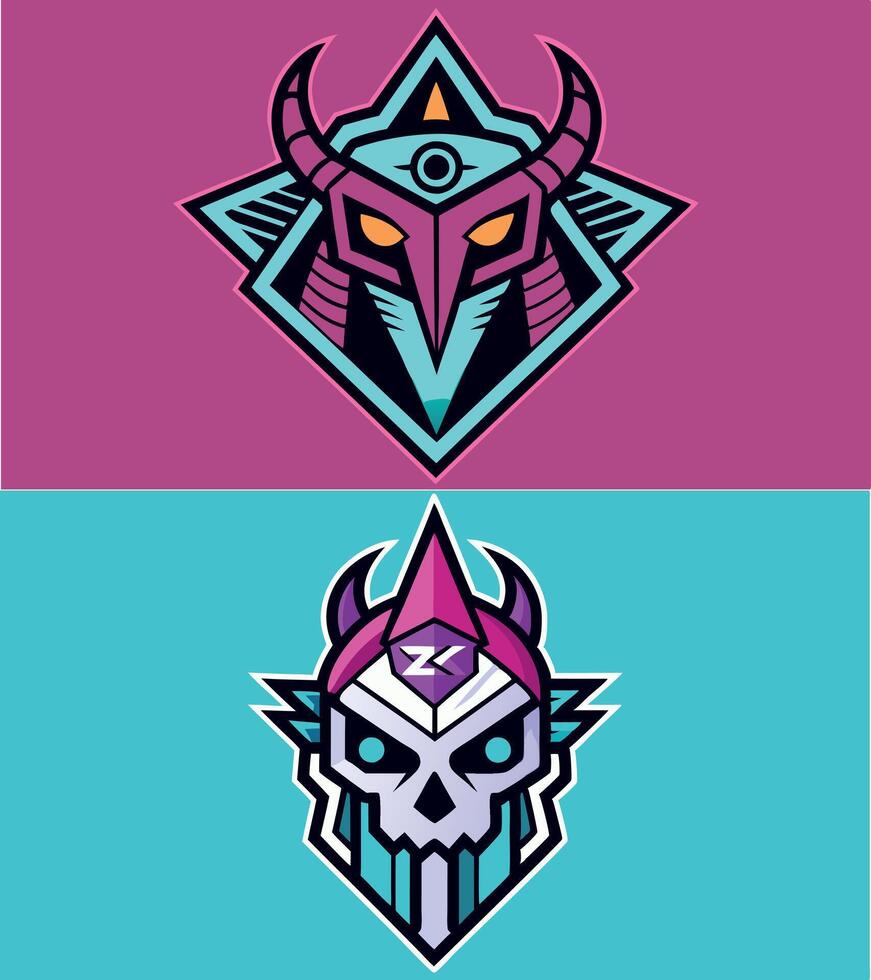 Gaming label. Head badge sticker. Cartoon cyber sport mask sign. Esport mascot game symbol vector