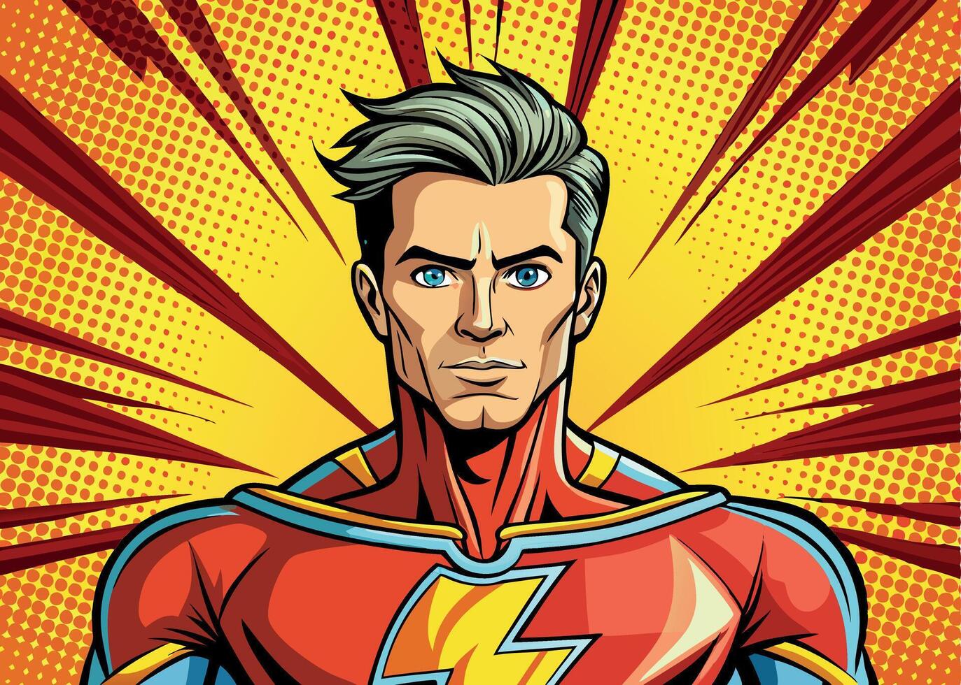 Comic book cartoon man. Superhero pop art character. Vintage dot design illustration. Powerful strong super hero vector