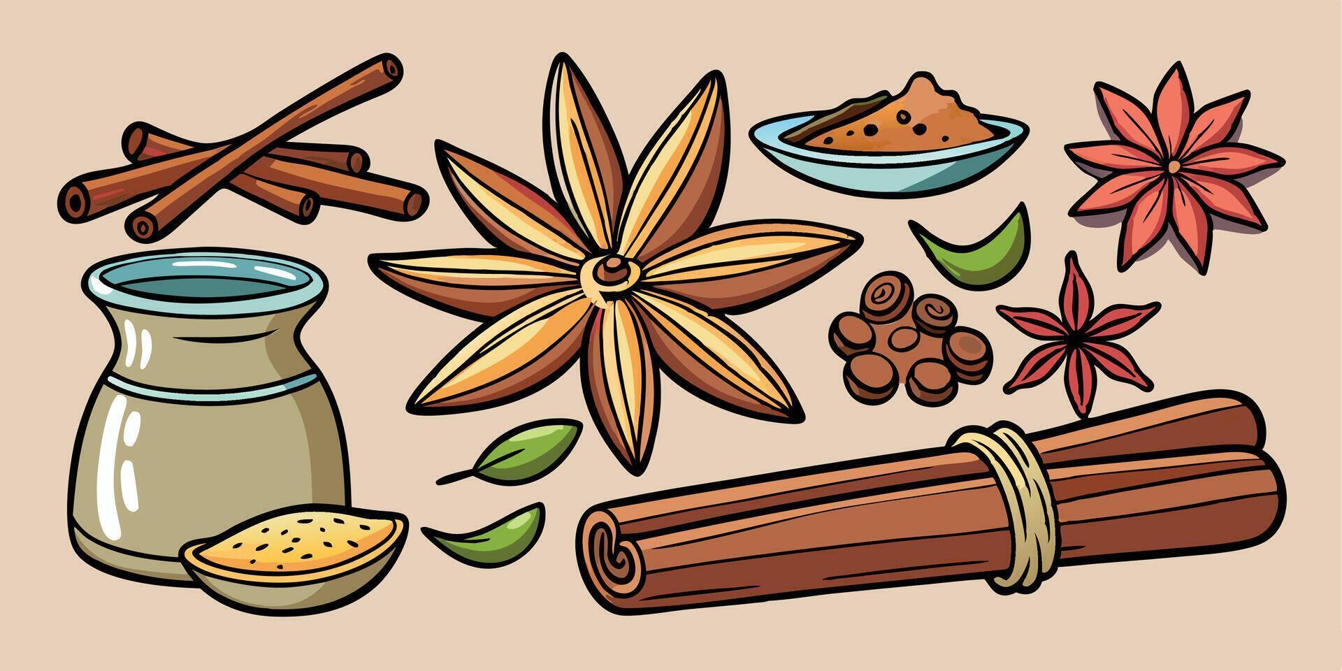 Set of spicy aromatic food. Cinnamon and anise spice. Drawn flavor condiment. Scent aroma cooking ingredient. Kitchen cannella seasoning vector